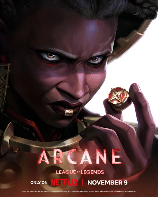 Ambessa, giving a menacing look, holds a ring with the Medarda family sigil between her fingers.