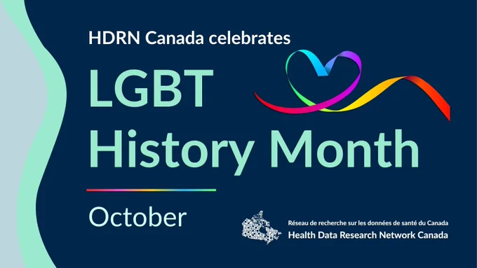 A rainbow-coloured heart. Text reads: HDRN Canada celebrates LGBT History Month. October. Logo for Health Data Research Network Canada is at bottom.