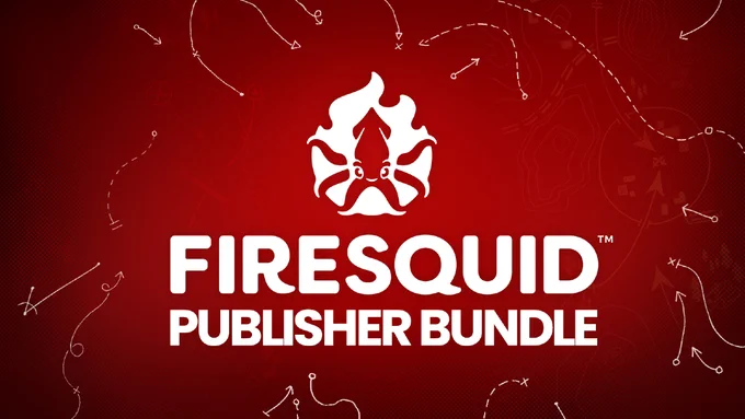 The Firesquid logo and text "Firesquid Publisher bundle" on a red background with white strategic arrows all around it