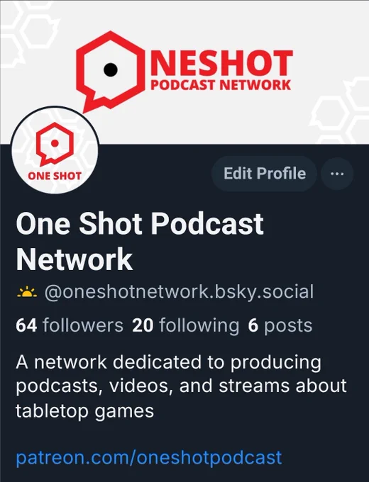 A screenshot of One Shot's Bluesky profile: @oneshotnetwork.bsky.social 