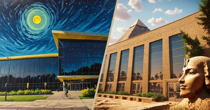 Graphics of campus buildings with Van Gogh-like sun, pyramid & Sphinx