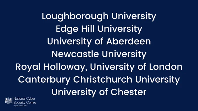 Loughborough University
Edge Hill University
University of Aberdeen
Newcastle University
Royal Holloway, University of London
Canterbury Christchurch University
University of Chester

