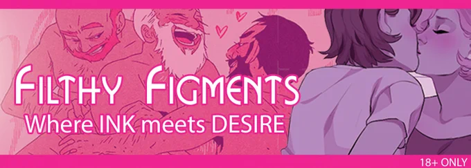 Banner art with Filthy Figments logo!
In background, three bears joyfully snuggling. 
In foreground, two women kissing.