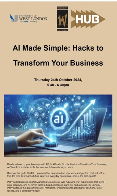 Free workshop! Ready to level up your business? Patrycja Kobierecka will share smart #AI tools that can revolutionise your work. 