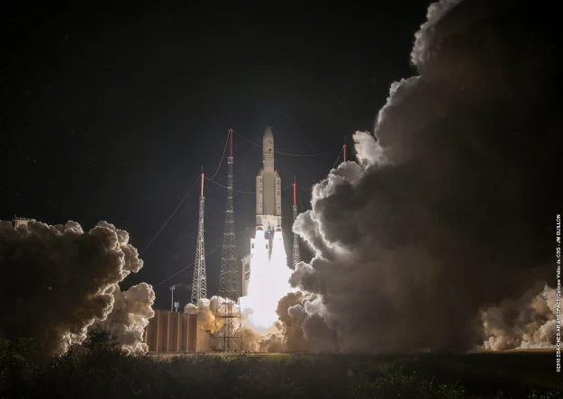 The launch of Ariane 5 flight v245 into the night sky, carrying the Bepi Colombo spacecraft.