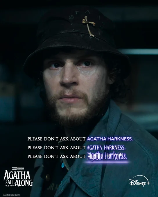 An image of Ralph Bohner looking concerned with text saying "Please don't ask about Agatha Harkness" three times, with the final quote showing Agatha's name underlined. 