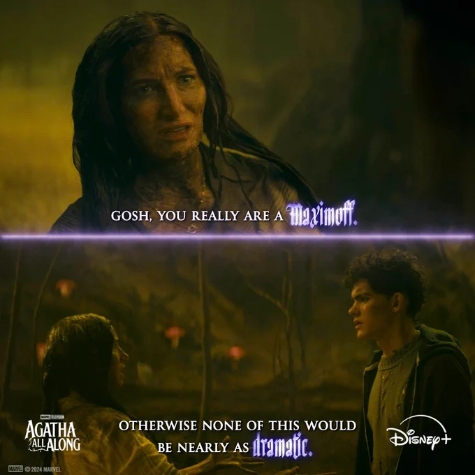 A two-panel image split by a purple line. The top panel shows Agatha covered in mud with an astounded face with the quote "Gosh, you really are a Maximoff". The bottom panel shows Agatha and Billy facing each other with the forest of the Witches' Road in the background and the quote "Otherwise none of this would be nearly as dramatic". 
