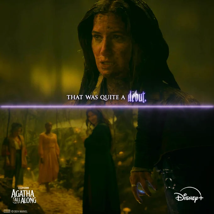 A two-panel image split by a purple line. The top panel shows Agatha covered in mud with the quote "That was quite a debut." The bottom panel shows Lilia, Jen and Agatha blurred in the background with Billy's hand using his power in the foreground. 