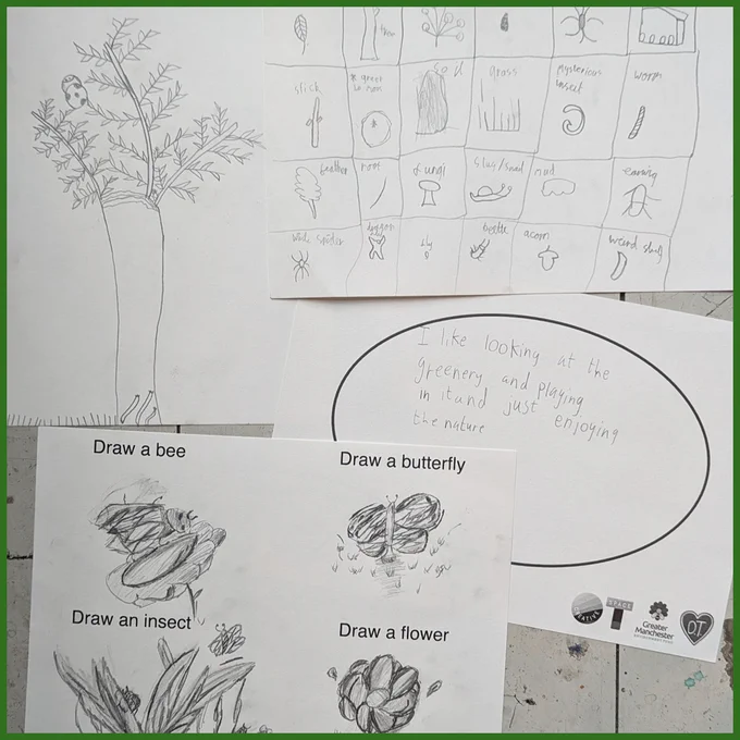 Photos of drawings of trees, bugs, bees, insects and flowers. Quote which says "i like looking at the greenery and playing in it and just enjoying nature"