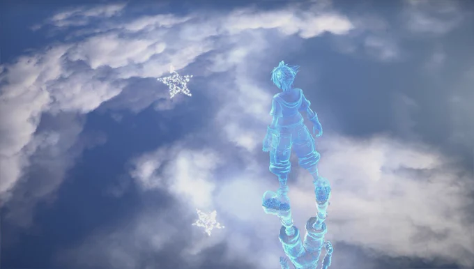 Sora speaks with Naminé, who appears as a star, in The Final World in Kingdom Hearts III.