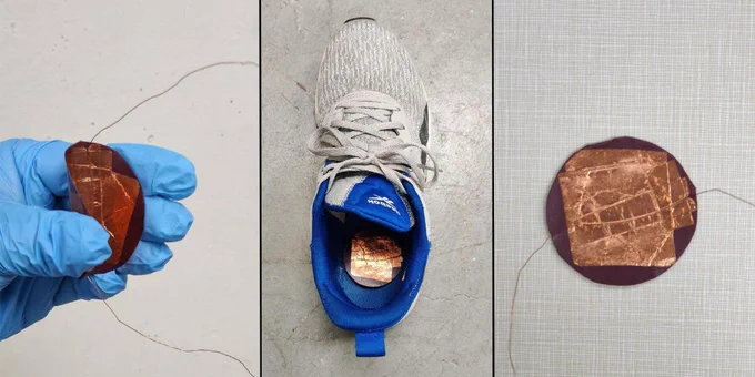 Pictures of the polymer film the RPI team developed side by side. First image is of a hand with a blue disposable glove holding the film. Second image is the film in a sneaker. Third image is the film by itself against a gray background.