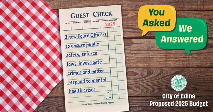 
City of Edina Proposed 2025 Budget. Wood table with a red gingham napkin. Shows a Guest Check that says, “3 new Police Officers to ensure public safety, enforce laws, investigate crimes and better respond to mental health crises.” There are talking bubbles that say, “You Asked, We Answered.”