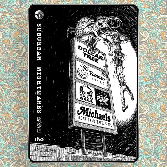 The cover of the October 2024 issue of Unwinnable Monthly, featuring the Suburban Nightmares title to signify this year's Halloween theme. The black and white cover art depicts an insect monster tearing a person in half on top of a shopping center sign.