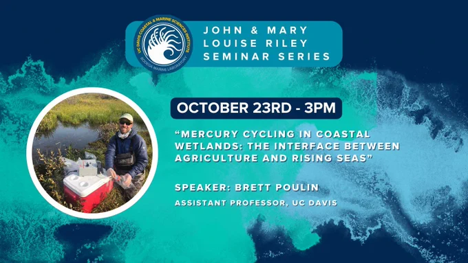 A graphic made of dark blue and white elements with the Bodega Marine Laboratory logo and text that reads "John and Mary Louise Riley Seminar Series. October 23rd at 3pm. "Mercury cycling in coastal wetlands: the interface between agriculture and rising seas" Speaker: Brett Poulin – Assistant Professor, UC Davis