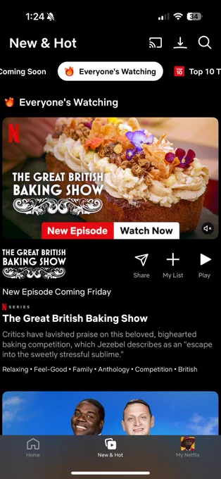 Screenshot of Netflix’s “🔥 Everyone’s Watching” section where #1 listed is Great British Baking Show and #2 is Detroiters! Taken October 18th 124pm est