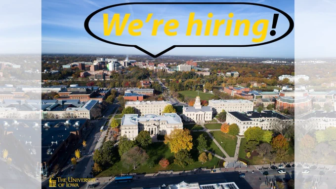 Aerial shot of U of Iowa Pentacrest, centered on historic Old Capitol building - and home to U of Iowa Computer Science - with text "We're hiring!" in a speech bubble.