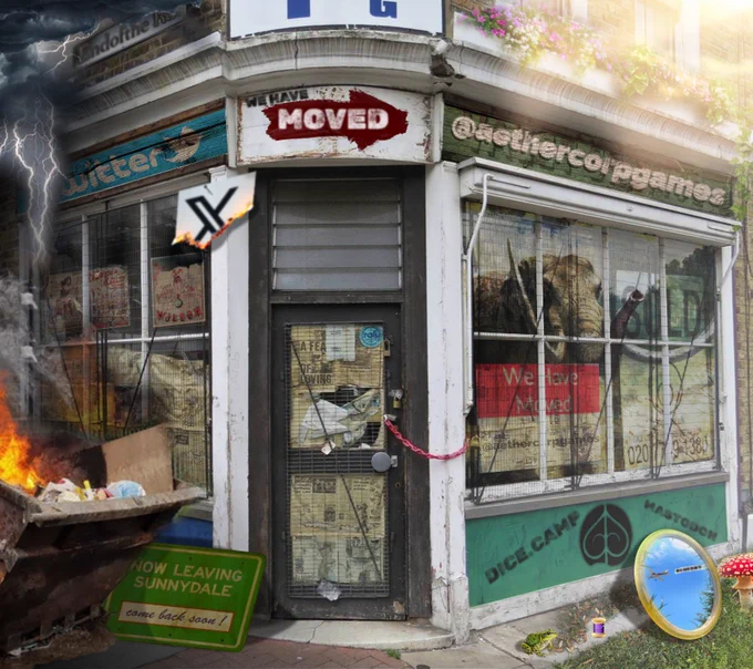 Closed corner shop with a Twitter sign above the window and a dumpster fire in front on one side and signs to other socials bathed in sunlight, flowers and grass on the other