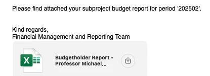 Email with text stating "Please find attached your subproject budget report for period '202502'. Kind Regards, Financial Management and Reporting Team"