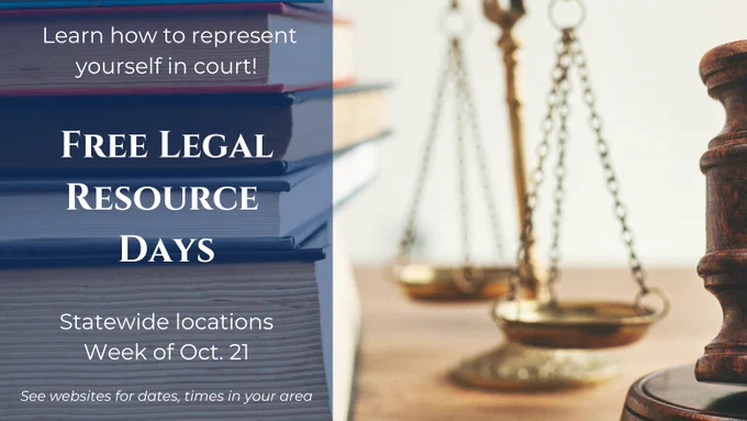 Image of law books and scales of justice in the background with info about the Free Legal Resource Days event. 