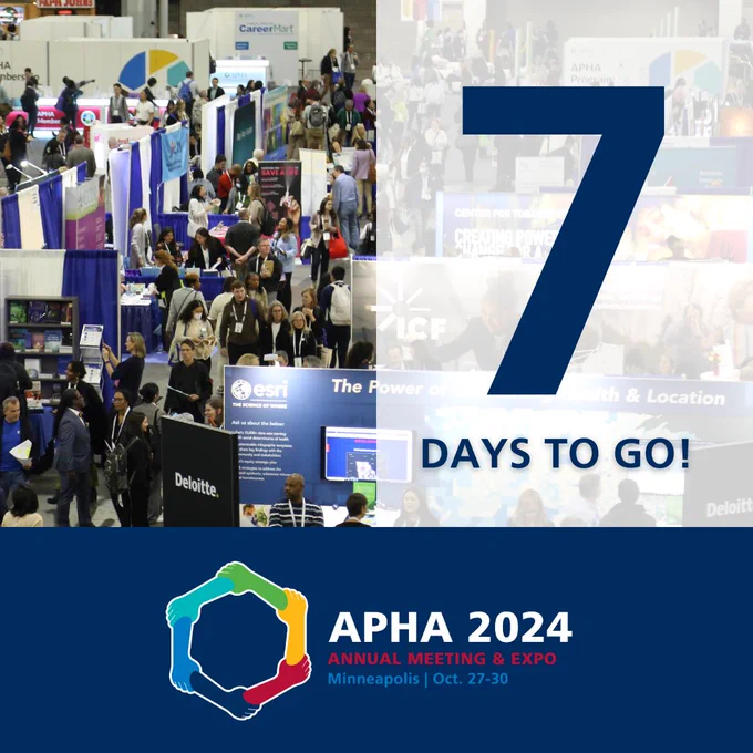 A photo of the Public Health Expo at a previous American Public Health Association Annual Meeting showing exhibitors' booths. American Public Health Association Annual Meeting logo: APHA 2024 Annual Meeting & Expo. Minneapolis | Oct. 27-30. Text reads: 7 days to go!