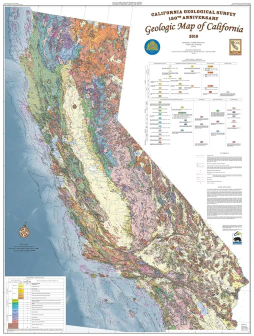 A multi-colored geologic map of California.