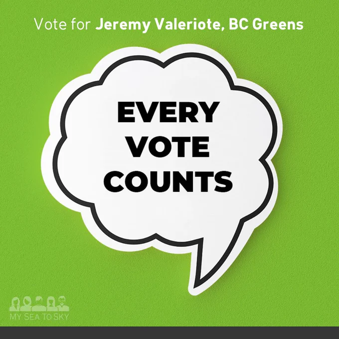 White speech bubble on green background with text reading "every vote counts. vote for Jeremy Valeriote, BC Greens."