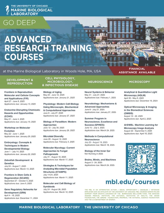 a list of all the 2025 Marine Biological Laboratory Advanced Research Training Courses with course dates and application deadlines listed. 