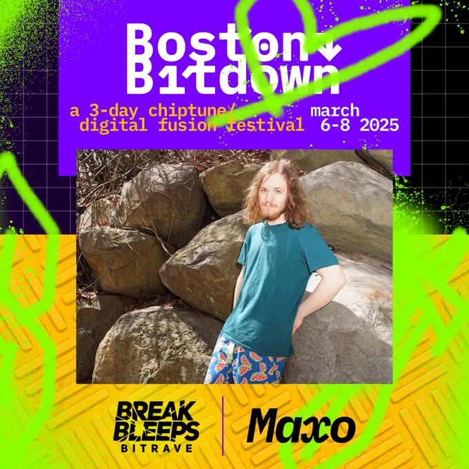 Maxo leaning against some boulders superimposed over a variation on the Boston Bitdown theme and logo with the words "a 3-day chiptune / digital fusion festival march 6th - 8th 2025"