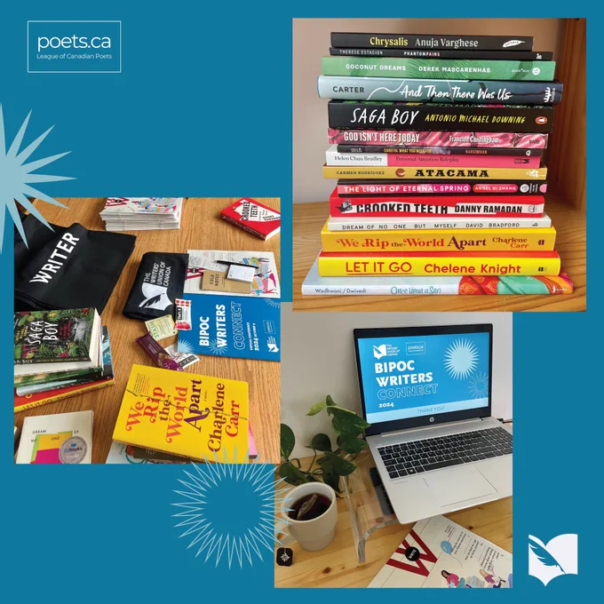 Promo graphic with photo collage: conference package supplies (a tote bag, snacks, magazines, and notebooks); mentor books; and conference day set-up with laptop and tea.