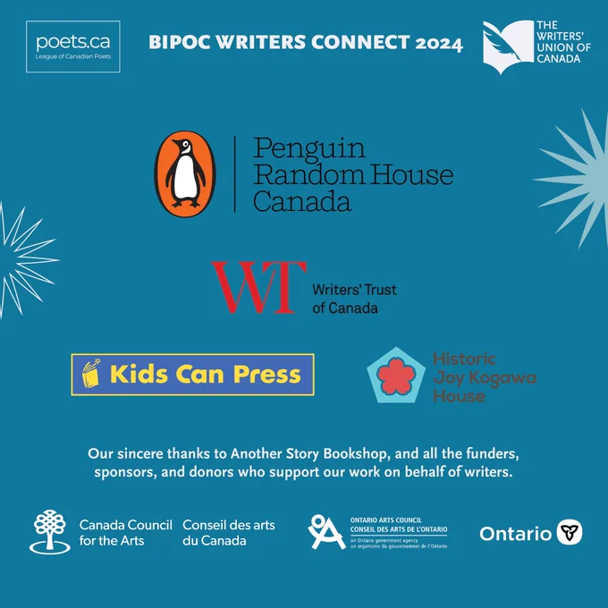 Promo graphic with sponsors logos and text: Our thanks to Another Story Bookshop and all the funders, sponsors, and donors who support our work on behalf of writers. 
