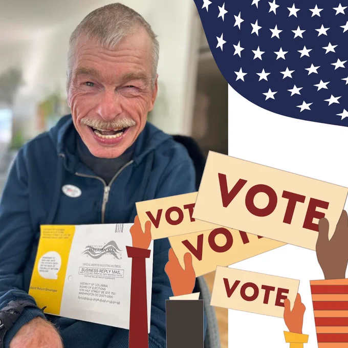 AAC user Bob Williams happily poses with his mail-in ballot for the presidential election. A graphic of four hands holding up “VOTE” signs overlaps with Bob’s photo, as does the star section of an American flag.