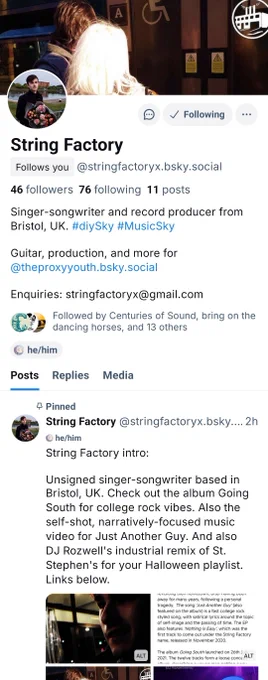 Screencap of the header and pinned tweet of my account on Bluesky.