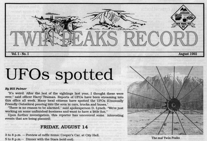 Cover of Twin Peaks Record newspaper from 1992 Twin Peaks Fan Festival