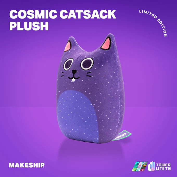A picture of the cosmic catsack plush. It is an oval-ish shaped plush, with cat ears on top, a cute cat face, and a sparkle pattern across the whole piece. It sits on a soft purple background featuring the text "COSMIC CATSACK PLUSH" and off to the side in smaller letters "LIMITED EDITION".