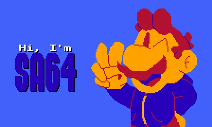 Text on the left reads "Hi, I'm SA64"

SA64's sona is on the right, doing a peace sign