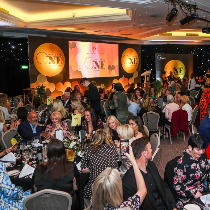 A photo from the back of the room looking towards the stage at the 2023 ONE Awards