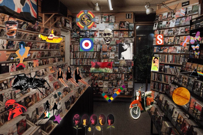 A busy record shop is filled with shelves of vinyl and CDs, with illustrations from albums by iconic British musical groups hiding in the racks