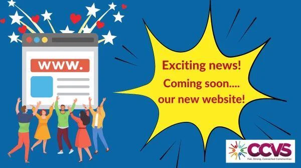 People standing in a group with their hands raised in celebration. A yellow flash with the words Exciting news! Coming soon, our new website.