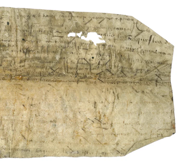 The edge of a fragment of a medieval manuscript in poor condition. Riddled with holes, the strip of parchment has been folded in half horizontally. The text traversing its lower half is badly faded to the point of illegibility, while the text of its upper half is partially obscured by stains and ink transfers.