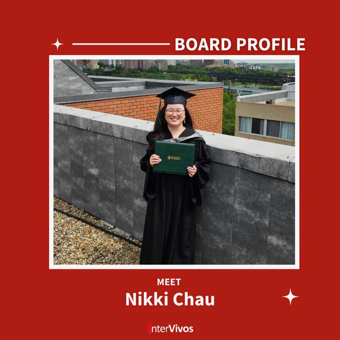 The image has a red background with a white border framing a photo of Nikki Chau, who is standing outdoors in a graduation gown and cap, holding a green diploma folder from the University of Alberta. Nikki is smiling and stands in front of a rooftop with a cityscape visible in the background. Above the photo, white text reads "BOARD PROFILE," and below, it says "Meet Nikki Chau" in bold white text. The interVivos logo is at the bottom in red and white.