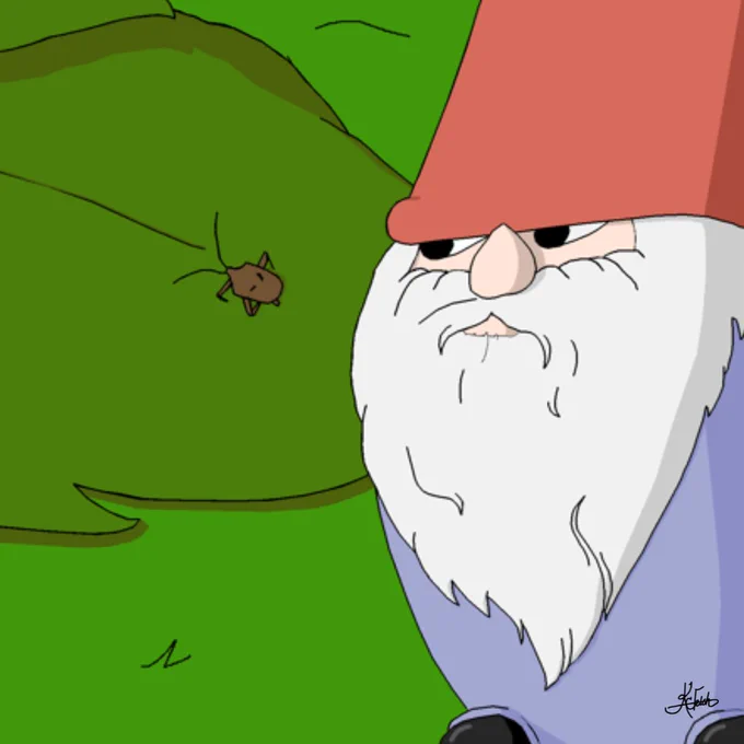 Gunter has awaken from his slumber. There is a squash beetle sitting on the leaf of the zucchini plant next to him. He's glaring at the beetle. 