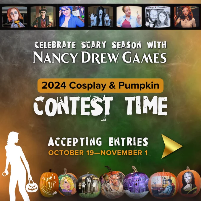 Promotional image for the 2024 Nancy Drew Season featuring a Cosplay and Pumpkin Contest from October 19 to November 1. Includes various Nancy Drew-themed costume and pumpkin designs, along with text and decorative elements related to the event.