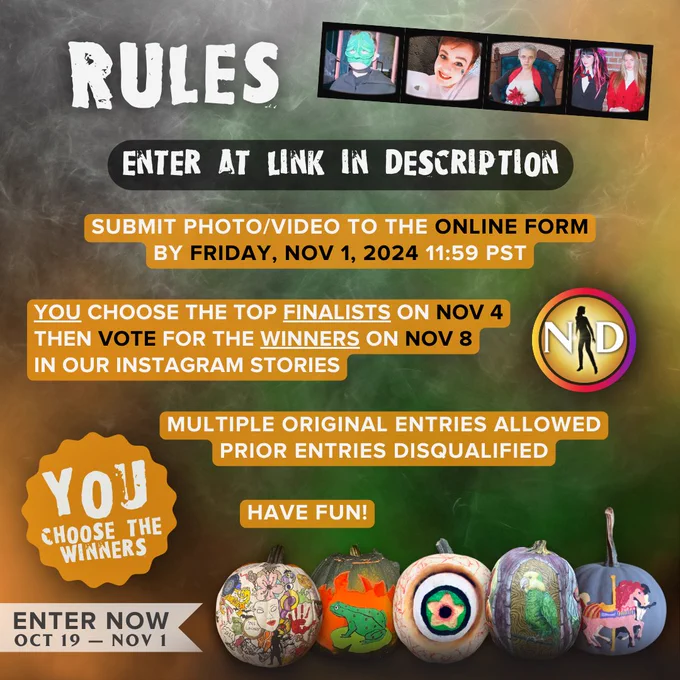 Promotional image for the 2024 Nancy Drew Cosplay and Pumpkin Contests. Features rules, deadlines, with photos of past entries, including creatively decorated pumpkins. Encourages engagement by voting for favorite entries.