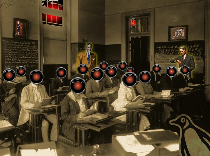 A 1930s adult learning classroom at which adults sit in rows at desks, reading. Their heads have all been replaced with the glaring red eye of HAL 9000 from Stanley Kubrick's '2001: A Space Odyssey.' HAL also stares through the overhead windows. Behind the glass stand two sinister boss figures in smart suits, overseeing the reading people. A vintage Penguin paperbacks logo peeks out of one corner. The two photos on the walls have been replaced; the left one shows a medieval reeve figure taken from a tapestry, gesturing imperiously with his stick. The right one shows a stoop-backed peasant, harvesting a sheaf of wheat with a scythe.

Image:
Cryteria (modified)
https://commons.wikimedia.org/wiki/File:HAL9000.svg

CC BY 3.0
https://creativecommons.org/licenses/by/3.0/deed.en
