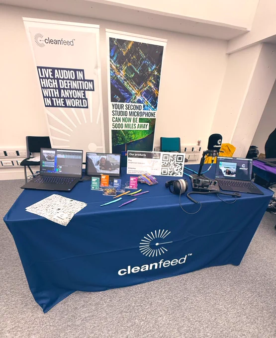 The Cleanfeed stand at IPS 2024; demonstrating Cleanfeed Cinema and Cleanfeed Pro (with cool merch, too)