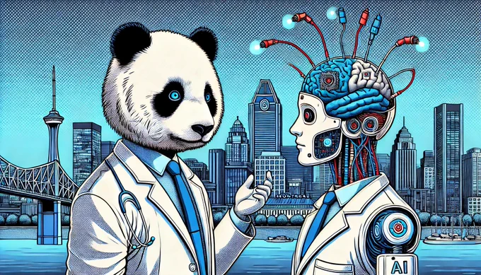 A panda chatting with a robot. Just a fun visual advertising for MAIN 2024 !