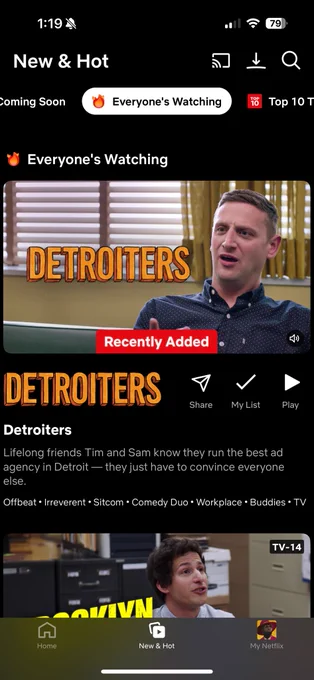 A screenshot of Netflix’s mobile app with the “🔥 Everyone’s Watching” section pulled up and Detroiters is now in the #1 spot!!! As of October 19th at 119pm est.