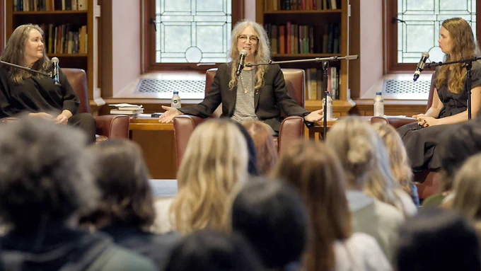 Patti Smith takes part in a public conversation with Brigid Doherty, associate professor of German and art and archaeology, and Hope Litwin, a graduate student in music composition, in Chancellor Green Rotunda.