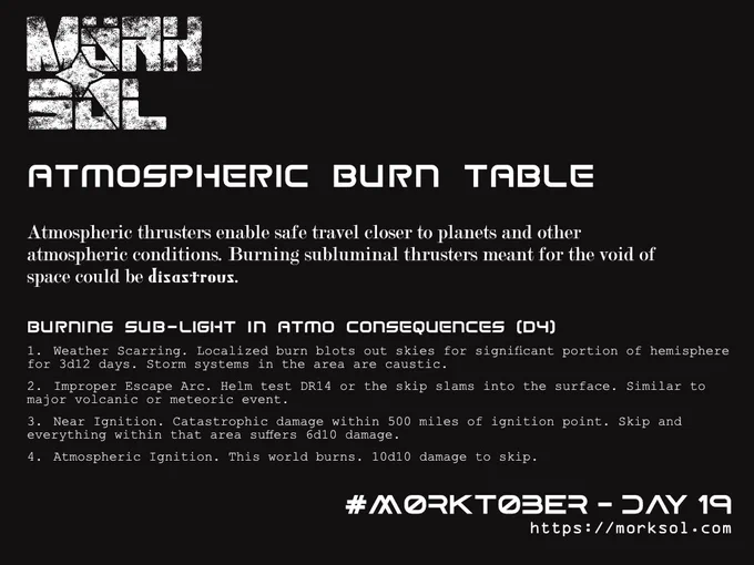 Atmospheric Burn Table. Atmospheric thrusters enable safe travel closer to planets and other atmospheric conditions. Burning subluminal thrusters meant for the void of space could be disastrous. Burning Sub-light in atmo Consequences (d4)
1.	Weather Scarring. Localized burn blots out skies for significant portion of hemisphere for 3d12 days. Storm systems in the area are caustic.
2.	Improper Escape Arc. Helm test DR14 or the skip slams into the surface. Similar to major volcanic or meteoric event.
3.	Near Ignition. Catastrophic damage within 500 miles of ignition point. Skip and everything within that area suffers 6d10 damage.
4.	Atmospheric Ignition. This world burns. 10d10 damage to skip.