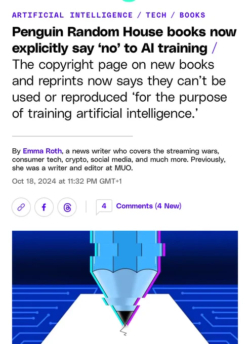 Penguin Random House books now explicitly say ‘no’ to AI training / The copyright page on new books and reprints now says they can’t be used or reproduced ‘for the purpose of training artificial intelligence.’